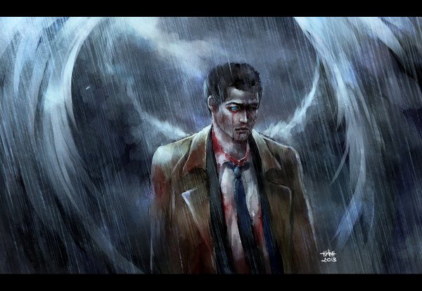 Anime picture 1300x900 with supernatural: the animation castiel nanfe single blue eyes black hair signed lips rain angel bloody clothes bloody tears boy shirt wings necktie white shirt blood