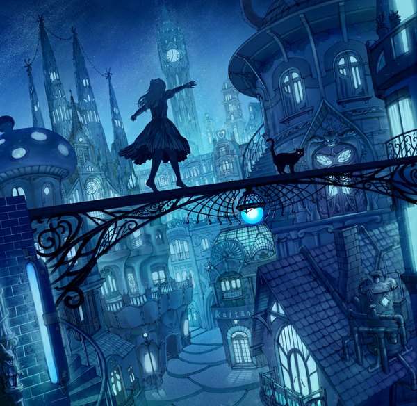 Anime picture 900x877 with original kaitan long hair looking at viewer standing looking away night night sky city spread arms cityscape city lights street girl dress animal building (buildings) star (stars) cat clock