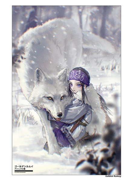 Anime picture 1468x2000 with golden kamuy asirpa retar ange-yi single long hair tall image blue eyes black hair looking away traditional clothes copyright name character names border snowing winter snow ainu clothes girl animal