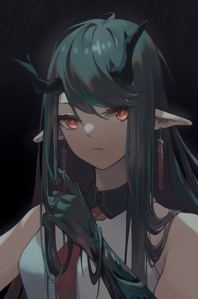Anime picture 775x1169 with arknights dusk (arknights) iowae single long hair tall image looking at viewer fringe simple background hair between eyes red eyes upper body horn (horns) pointy ears black background dark hair playing with hair hair twirling girl earrings