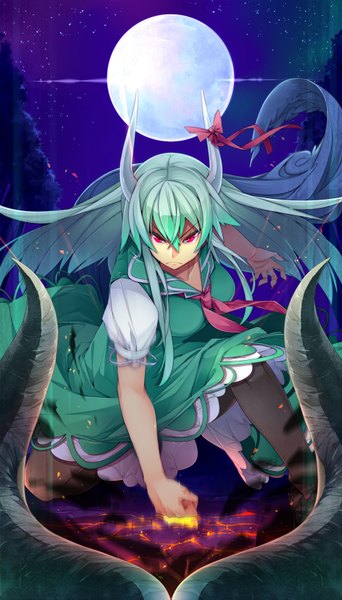 Anime picture 1000x1750 with touhou kamishirasawa keine ex-keine kokka han single long hair tall image looking at viewer highres red eyes horn (horns) green hair night puffy sleeves night sky punch girl dress pantyhose moon