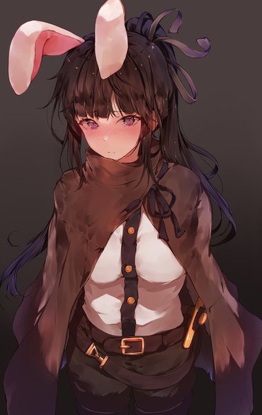 Anime picture 800x1266 with overlord (maruyama) madhouse narberal gamma hplay (kyoshinou) single long hair tall image looking at viewer blush fringe black hair simple background standing purple eyes animal ears bunny ears gradient background fake animal ears sheathed girl