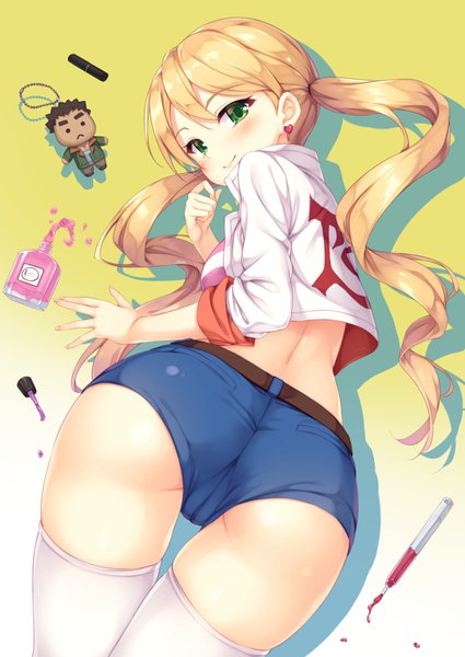 Anime picture 1032x1457 with mobile suit gundam gundam tekketsu no orphans sunrise (studio) lafter frankland akihiro altland tomifumi single long hair tall image looking at viewer blush light erotic blonde hair twintails green eyes ass nail polish looking back from behind gradient background