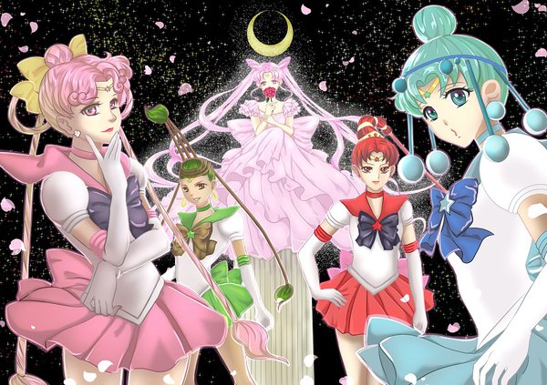 Anime picture 800x565 with bishoujo senshi sailor moon toei animation chibiusa princess usagi small lady sailor ceres sailor juno sailor vesta sailor pallas emiemiemi long hair red eyes standing sitting twintails multiple girls holding green eyes pink hair red hair very long hair