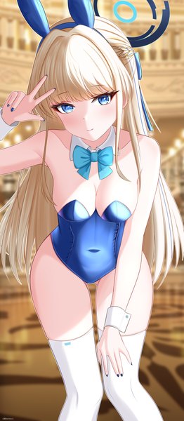 Anime picture 3733x8533 with blue archive toki (blue archive) toki (bunny) (blue archive) huanyi huanhuanzi single long hair tall image looking at viewer blush fringe highres breasts blue eyes light erotic blonde hair smile bare shoulders animal ears absurdres indoors