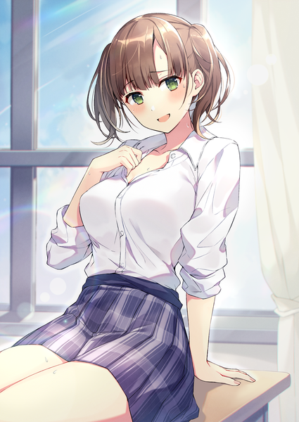 Anime-Bild 708x1000 mit original ringozaka mariko single tall image looking at viewer blush short hair open mouth brown hair sitting twintails green eyes indoors :d arm support sweat plaid skirt short twintails open collar twisty sleeves