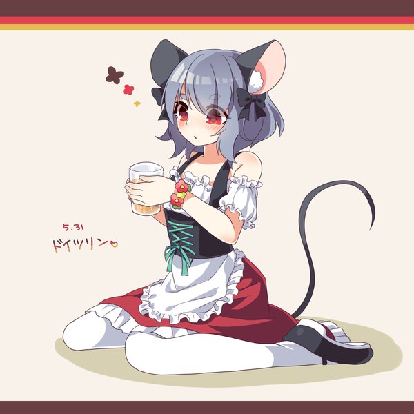 Anime picture 1800x1800 with touhou nazrin kozakura (dictionary) single blush highres short hair simple background red eyes sitting bare shoulders animal ears tail traditional clothes animal tail grey hair alternate costume dated wariza mouse ears