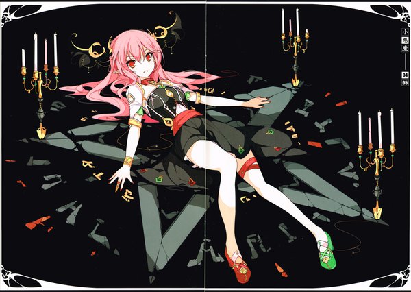 Anime picture 8515x6056 with touhou koakuma ideolo single long hair looking at viewer highres red eyes pink hair absurdres lying nail polish light smile scan bare legs on back border bat wings head wings pentagram