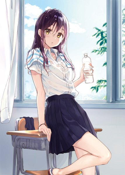 Anime picture 715x1001 with original rimo single long hair tall image looking at viewer blush fringe light erotic hair between eyes holding yellow eyes sky cloud (clouds) indoors pleated skirt wet wet clothes classroom dark hair