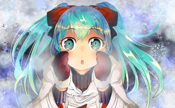 Anime picture 1555x965 with vocaloid hatsune miku sakisato kiriko single long hair looking at viewer blush open mouth wide image twintails aqua eyes aqua hair :o fur trim winter exhalation girl ribbon (ribbons) hair ribbon fur