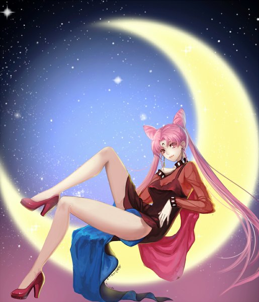 Anime picture 800x933 with bishoujo senshi sailor moon toei animation chibiusa black lady tongyaohuan single long hair tall image looking at viewer breasts pink hair head tilt pink eyes lips bare legs hair bun (hair buns) legs facial mark leg lift (legs lift) crescent