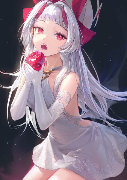 Anime picture 2480x3508 with original hansum single long hair tall image looking at viewer fringe highres open mouth red eyes silver hair blunt bangs horn (horns) girl dress gloves elbow gloves white gloves white dress