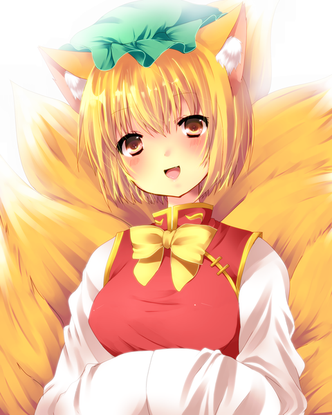 Anime picture 2000x2500 with touhou yakumo ran nekonomati tall image blush highres short hair open mouth blonde hair red eyes fox ears fox tail fox girl multiple tails girl bowtie bonnet