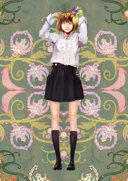 Anime picture 1654x2339 with original gen'ichi single tall image blue eyes brown hair hair flower girl skirt hair ornament flower (flowers) shirt knee socks