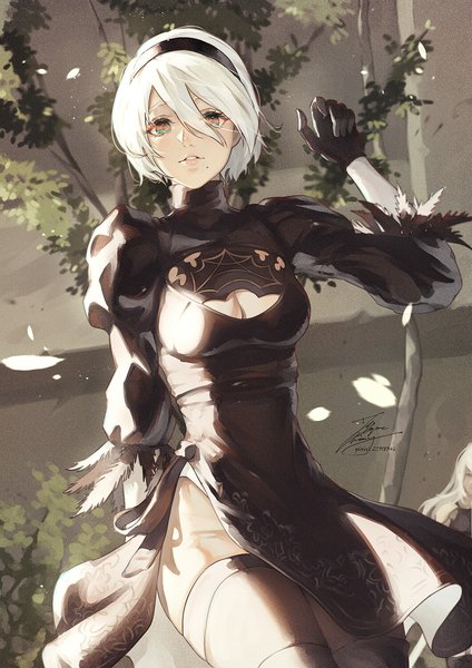 Anime picture 1061x1500 with nier nier:automata yorha no. 2 type b yorha type a no. 2 fadingz long hair tall image looking at viewer blush fringe short hair breasts light erotic hair between eyes sitting multiple girls green eyes signed cleavage white hair