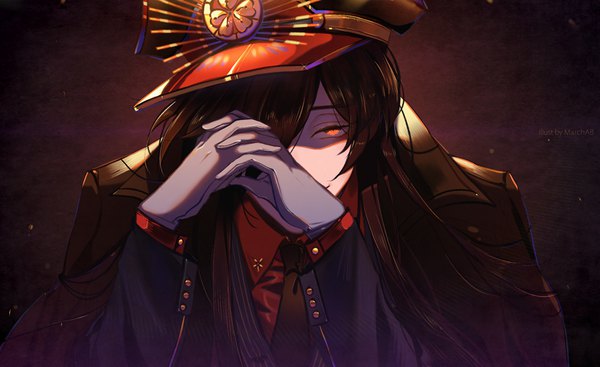 Anime picture 962x589 with fate (series) koha-ace oda nobunaga (fate) (all) oda nobunaga (fate) marchab 66 single long hair looking at viewer fringe black hair simple background wide image signed upper body hair over one eye orange eyes dark background covered mouth clothes on shoulders military