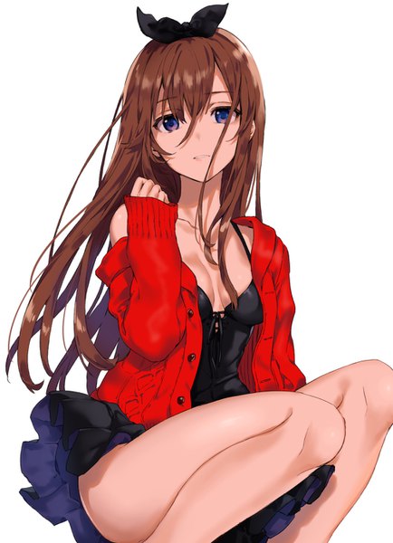 Anime picture 1000x1382 with original arisaka ako single long hair tall image looking at viewer fringe breasts simple background hair between eyes brown hair white background purple eyes cleavage long sleeves parted lips off shoulder open clothes bare legs floating hair
