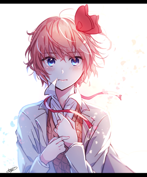 Anime picture 749x900 with doki doki literature club sayori (doki doki literature club) aicedrop single tall image looking at viewer blush fringe short hair blue eyes simple background hair between eyes white background signed upper body long sleeves blurry orange hair open clothes hand on chest