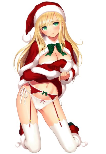 Anime picture 2730x3967 with tony taka single long hair tall image blush fringe highres breasts light erotic simple background blonde hair white background green eyes scan fur trim girl thighhighs navel underwear panties