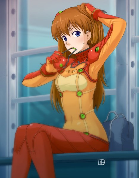 Anime picture 1419x1818 with neon genesis evangelion gainax soryu asuka langley nagian single long hair tall image looking at viewer blush blue eyes brown hair sitting signed girl hair ornament hairclip school bag pilot suit