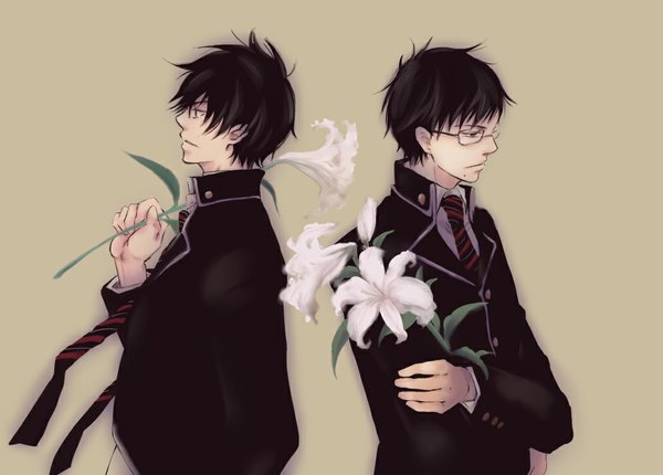 Anime picture 1050x753 with ao no exorcist a-1 pictures okumura rin okumura yukio uo (artist) fringe short hair black hair simple background brown hair holding brown eyes profile mole multiple boys striped siblings mole under mouth twins back to back