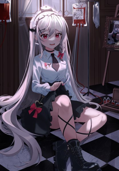 Anime picture 2500x3596 with original nacho (nacho 1103) single tall image looking at viewer blush fringe highres open mouth hair between eyes red eyes sitting payot silver hair full body bent knee (knees) indoors braid (braids) long sleeves very long hair