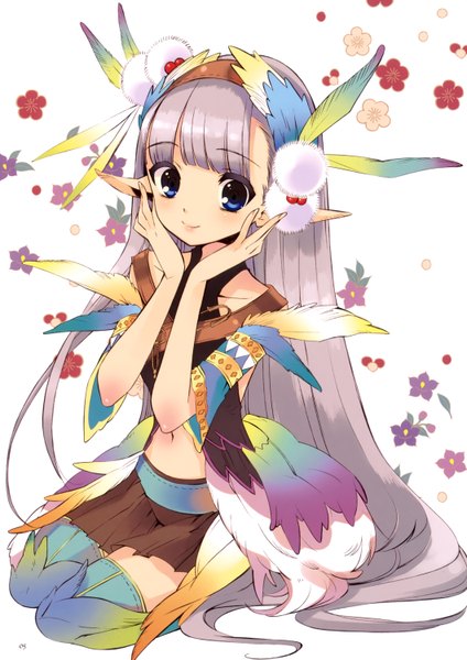 Anime picture 2120x3000 with original itou noiji single long hair tall image looking at viewer highres blue eyes sitting light smile pointy ears grey hair scan girl thighhighs skirt navel hair ornament flower (flowers)