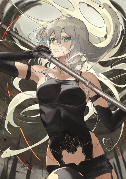 Anime picture 1061x1500 with nier nier:automata yorha type a no. 2 fadingz single long hair tall image looking at viewer fringe hair between eyes standing bare shoulders holding green eyes signed silver hair outdoors parted lips arm up mole