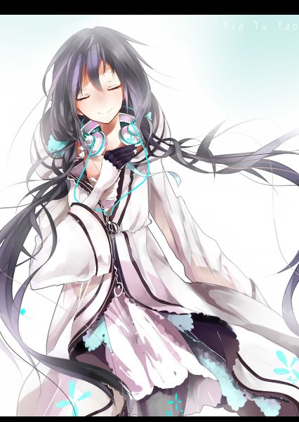 Anime picture 852x1200 with utau xia yu yao star (wish) single tall image blush fringe black hair smile standing twintails purple hair eyes closed long sleeves very long hair multicolored hair wind wide sleeves character names low twintails