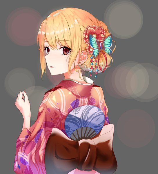 Anime picture 4258x4689 with original peupeuking single tall image looking at viewer blush fringe highres short hair blonde hair simple background hair between eyes red eyes absurdres upper body nail polish traditional clothes parted lips japanese clothes looking back