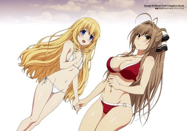 Anime picture 5145x3616 with amagi brilliant park kyoto animation sento isuzu latifa fleuranza long hair blush highres breasts open mouth blue eyes light erotic blonde hair brown hair large breasts multiple girls brown eyes absurdres ponytail scan drill hair