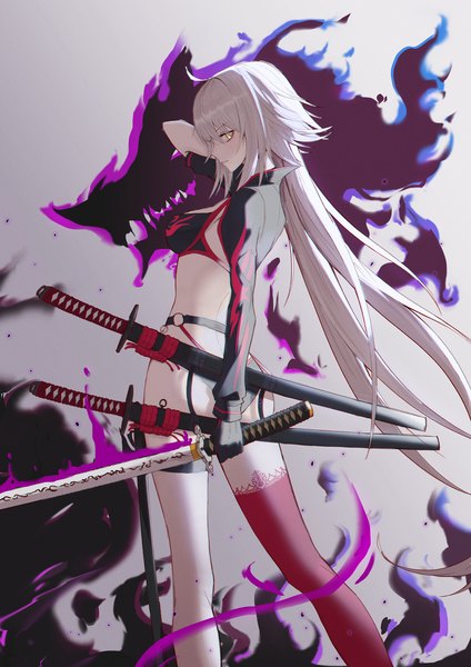 Anime picture 2480x3508 with fate (series) fate/grand order jeanne d'arc (fate) (all) jeanne d'arc alter (fate) jeanne d'arc alter (swimsuit berserker) (fate) gaegoni single long hair tall image looking at viewer fringe highres breasts light erotic simple background hair between eyes holding yellow eyes silver hair ahoge