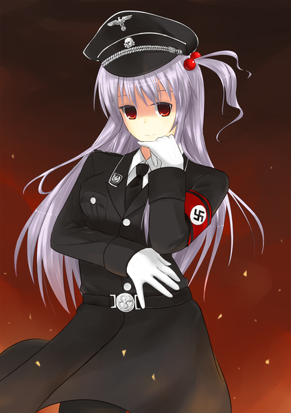 Anime picture 1240x1754 with touhou shinki (touhou) eluthel single long hair tall image red eyes silver hair one side up nazi girl gloves uniform hair ornament hat military uniform hair tie hair bobbles armband