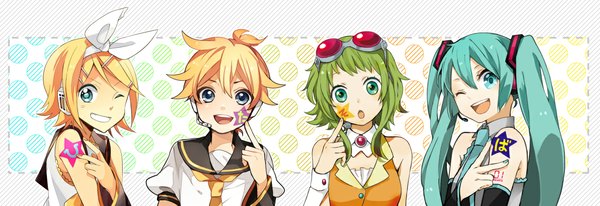 Anime picture 1163x400 with vocaloid hatsune miku kagamine rin kagamine len gumi long hair looking at viewer highres short hair open mouth blue eyes blonde hair smile wide image twintails green eyes one eye closed green hair wink aqua hair