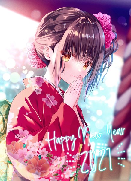 Anime picture 1089x1500 with original tanihara natsuki single tall image blush short hair brown hair yellow eyes upper body traditional clothes japanese clothes hair flower light smile side ponytail new year hands clasped happy new year 2021 praying girl