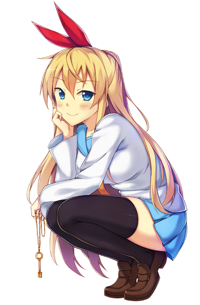 Anime picture 700x1065 with nisekoi shaft (studio) kirisaki chitoge peach88 single long hair tall image looking at viewer blue eyes blonde hair simple background smile white background sitting half updo girl thighhighs uniform bow black thighhighs