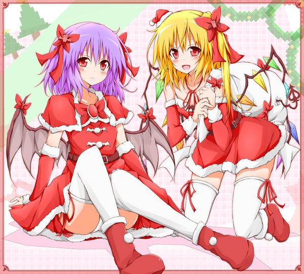 Anime picture 1550x1400 with touhou flandre scarlet remilia scarlet karamoneeze blush fringe short hair open mouth light erotic blonde hair hair between eyes red eyes multiple girls purple hair bent knee (knees) fur trim christmas pantyshot sitting girl thighhighs