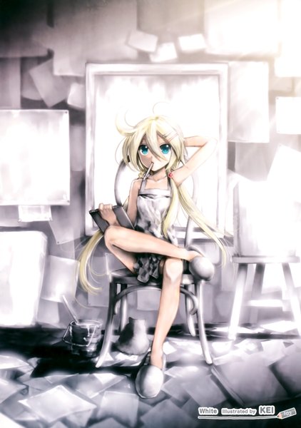 Anime picture 2463x3500 with kei (keigarou) single long hair tall image fringe highres blue eyes blonde hair sitting twintails mouth hold girl dress shoes chair paper slippers