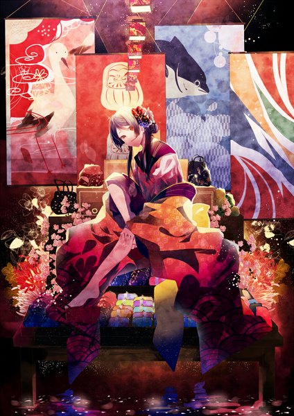Anime picture 800x1131 with original omutatsu single long hair tall image looking at viewer smile red eyes sitting purple hair traditional clothes japanese clothes barefoot hair flower bare legs no shoes girl uniform hair ornament flower (flowers)