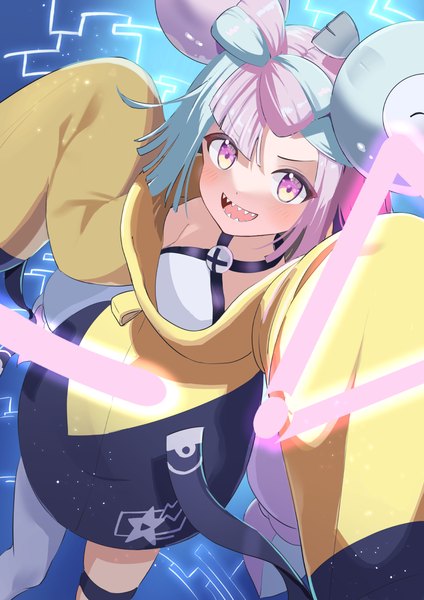 Anime picture 868x1228 with pokemon pokemon (game) pokemon sv nintendo iono (pokemon) kawakita mitsuo single long hair tall image blush open mouth standing purple eyes blue hair pink hair long sleeves :d multicolored hair from above two-tone hair