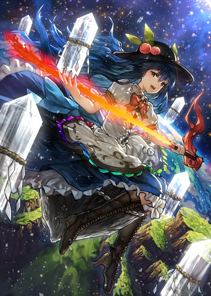 Anime picture 607x850 with touhou hinanawi tenshi benitama single long hair tall image looking at viewer open mouth red eyes sitting blue hair bent knee (knees) wind weightlessness girl weapon hat sword leaf (leaves) knee boots