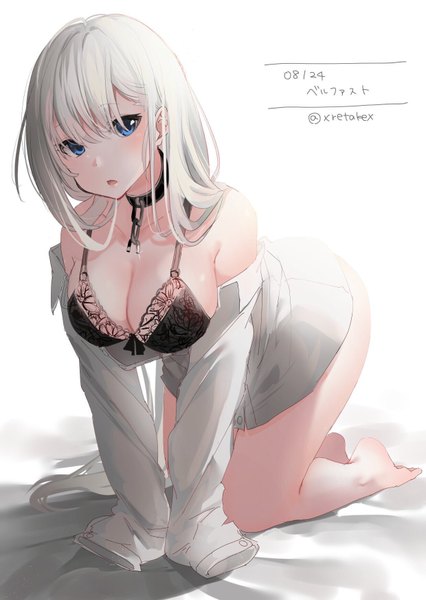 Anime-Bild 1240x1748 mit azur lane belfast (azur lane) xretakex single long hair tall image looking at viewer fringe breasts open mouth blue eyes light erotic simple background hair between eyes large breasts white background bare shoulders signed silver hair full body