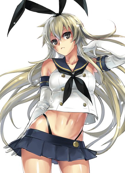 Anime picture 790x1090 with kantai collection shimakaze destroyer shiromi (ringo) single long hair tall image fringe breasts light erotic simple background blonde hair standing white background pleated skirt armpit (armpits) midriff grey eyes groin girl skirt