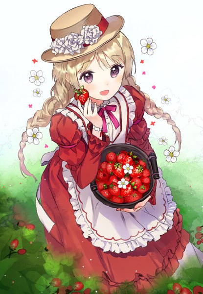 Anime picture 800x1156 with original macciatto (aciel02) single long hair tall image blush open mouth blonde hair purple eyes braid (braids) from above twin braids lolita fashion girl flower (flowers) hat food apron berry (berries) strawberry