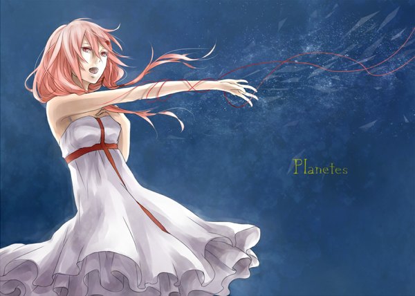 Anime picture 1097x784 with guilty crown production i.g yuzuriha inori yoma (pixiv) single long hair looking at viewer open mouth simple background red eyes bare shoulders pink hair blue background singing girl dress hair ornament white dress hairclip thread