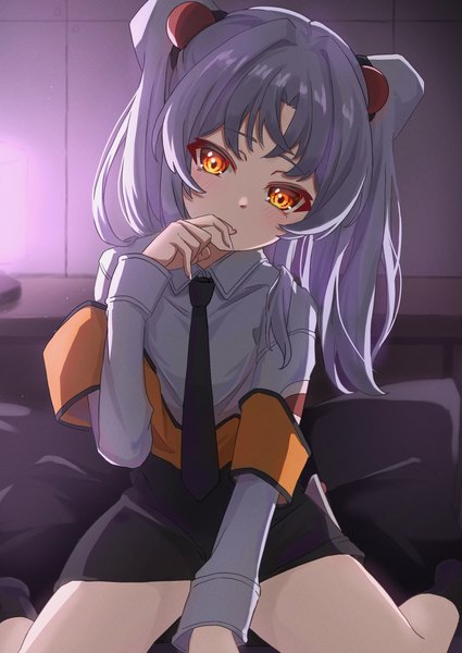 Anime picture 1254x1771 with martian successor nadesico xebec hoshino ruri ru-ha single long hair tall image looking at viewer blush fringe open mouth light erotic sitting full body bent knee (knees) indoors head tilt grey hair orange eyes finger to mouth