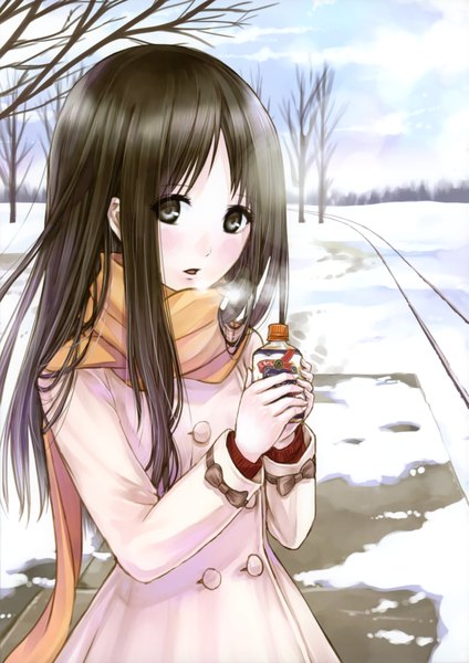 Anime picture 2849x4034 with original kazuharu kina single long hair tall image highres brown hair black eyes winter exhalation girl plant (plants) tree (trees) scarf coat bottle