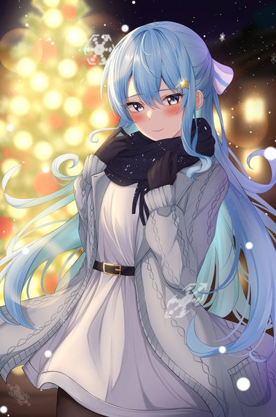 Anime picture 2177x3281 with virtual youtuber hololive hoshimachi suisei shinigami kiraki single long hair tall image looking at viewer blush fringe highres blue eyes hair between eyes standing blue hair outdoors night open clothes night sky snowing