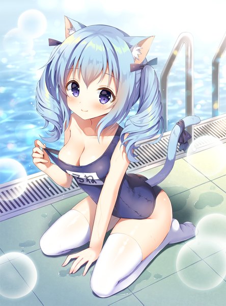 Anime picture 1200x1619 with original mauve single long hair tall image looking at viewer blush fringe breasts blue eyes light erotic smile hair between eyes large breasts sitting twintails bare shoulders animal ears blue hair cleavage