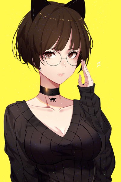 Anime picture 1000x1500 with original kisui single tall image looking at viewer blush fringe short hair breasts simple background brown hair brown eyes animal ears cleavage upper body blunt bangs lips cat ears sleeves past wrists fake animal ears